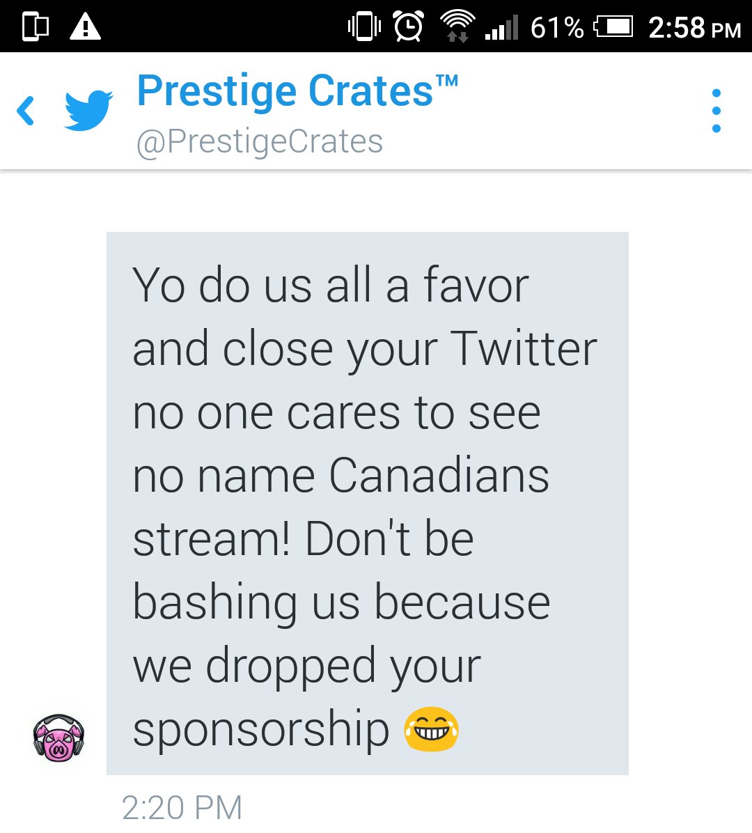 GeneratorSol's tweet photo. Lol  love this dude gets no #Canadian business! All the same @prestigecrates @esportsbacon @baconcrates @PigOutTM https://t.co/VaFjvYh6UJ