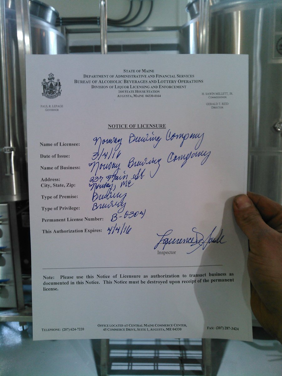 NorwayBrewingCo's tweet photo. We were just handed our Small Brewery license by Maine State liquor enforcement.. Time to make some beer! #awesome https://t.co/nKcQ5DoVIi