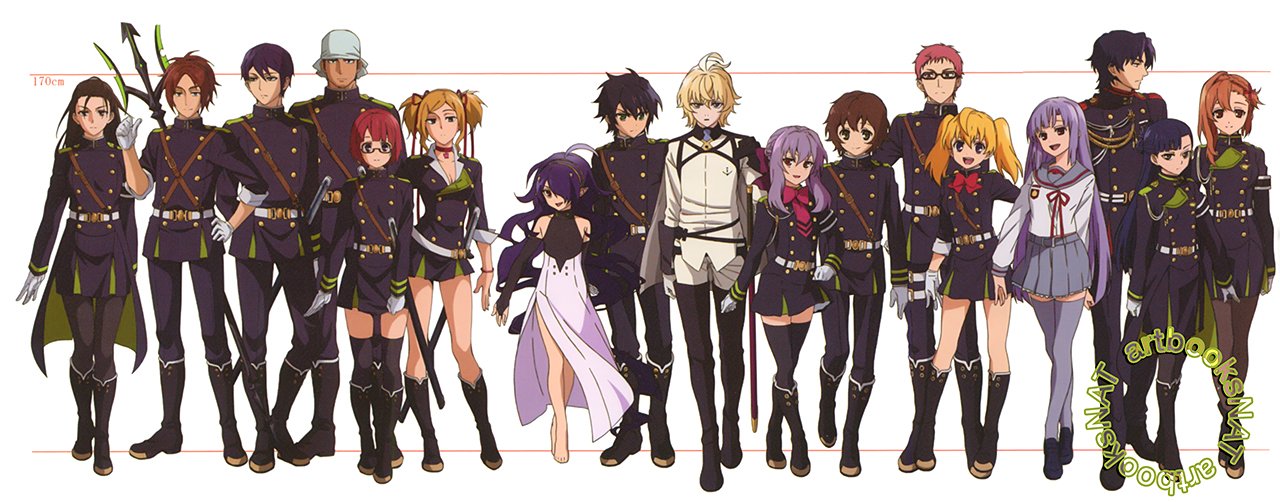 Owari no Seraph height charts, with age changes for episode 1-12 and 13-24,...