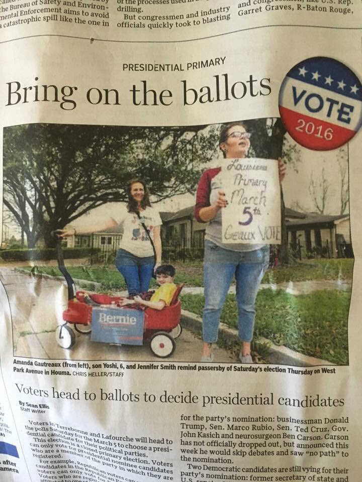 Twiztedstitches's tweet photo. When you're in a red state and front page of your local paper for #BernieSanders #FeelTheBern #LouisianaForBernie https://t.co/Y3h7bE6nbb