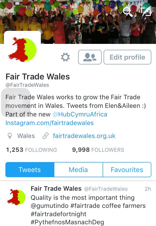 FairTradeWales's tweet photo. Nearly 10k followers! Bron 10k o ddilynwyr!  Wow! Diolch pobl! It must be #fairtradefortnight #pythefnosmasnachdeg https://t.co/9zuGAMY2iu