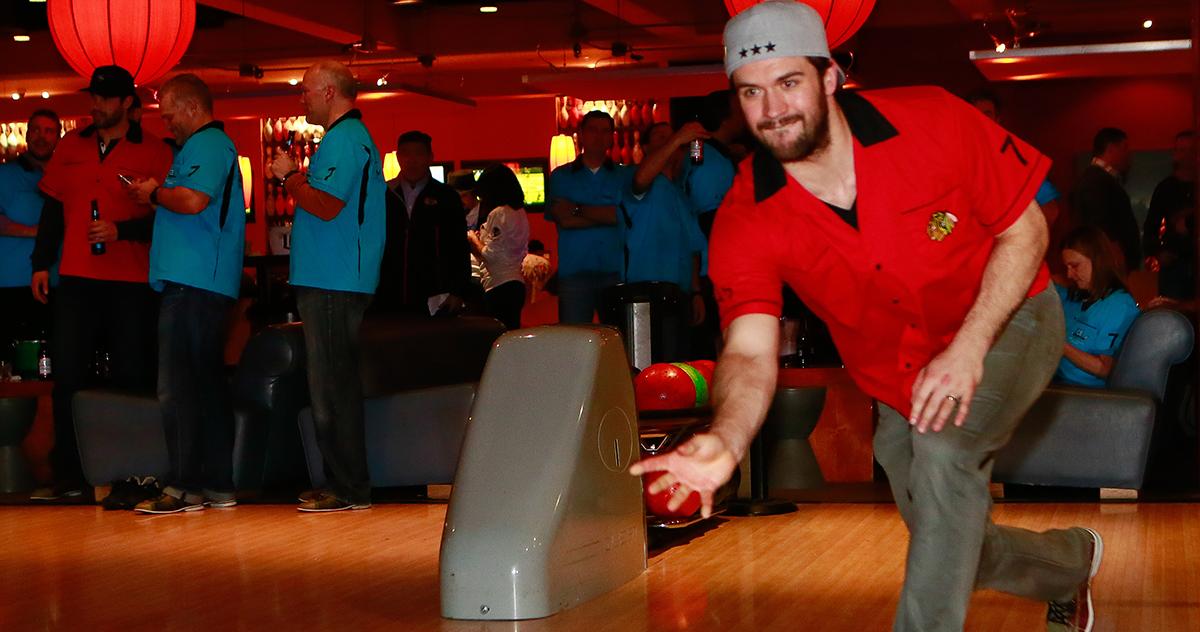 raanta_claus's tweet photo. Strike! Watch the #Blackhawks test their bowling skills at the annual ICE Bowl.  - https://t.co/4hQvox1cEo https://t.co/DyOe4lW1RT