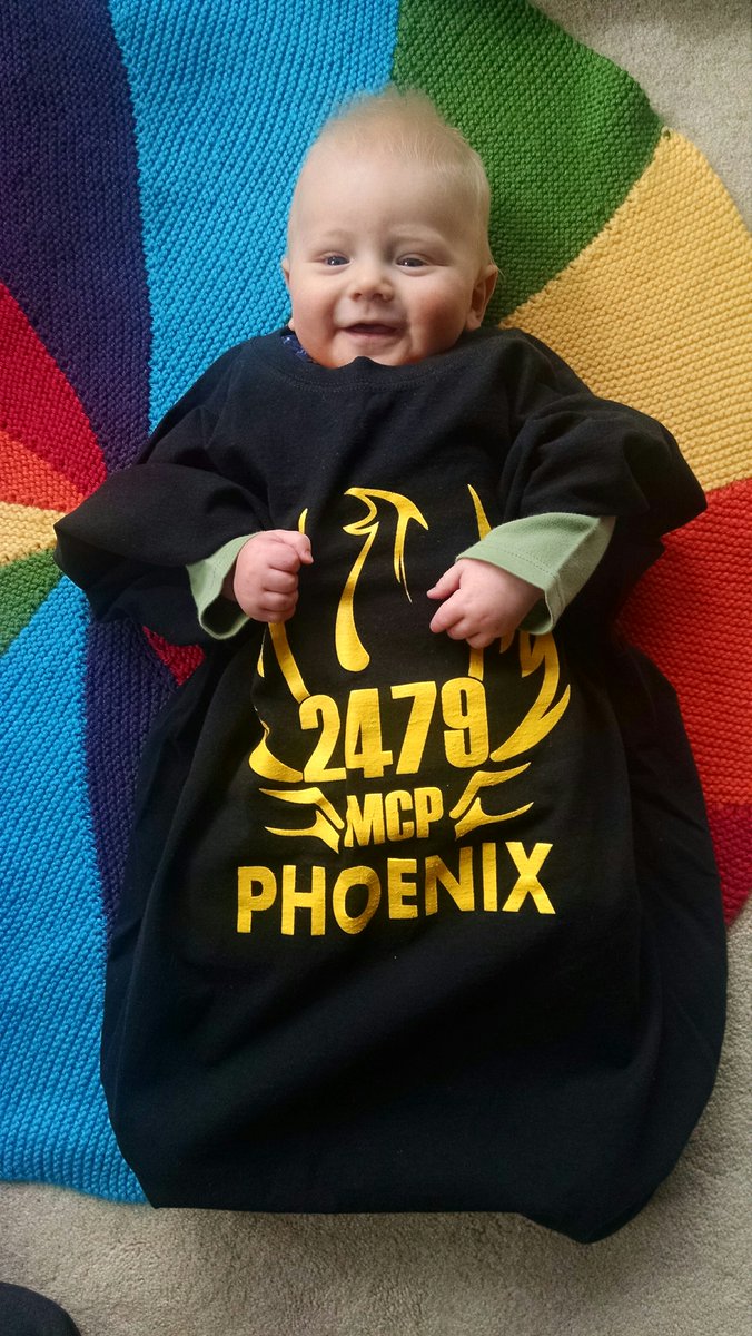 kerbrownstein's tweet photo. Baby Redmond says, "Go Phoenix! Eat those other robots for lunch!" #FRC2479 #omgrobots #DoubleDECCer #FRC https://t.co/DIXfR57RUd