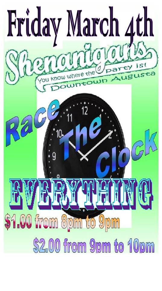 ShenaniganStyle's tweet photo. *TONIGHT* AT @ShenaniganStyle  - "RACE THE CLOCK" DRINK SPECIALS $1 DRINKS FROM 8-9PM &amp; $2 DRINKS FROM 9-10PM! https://t.co/ep5XbpJqku