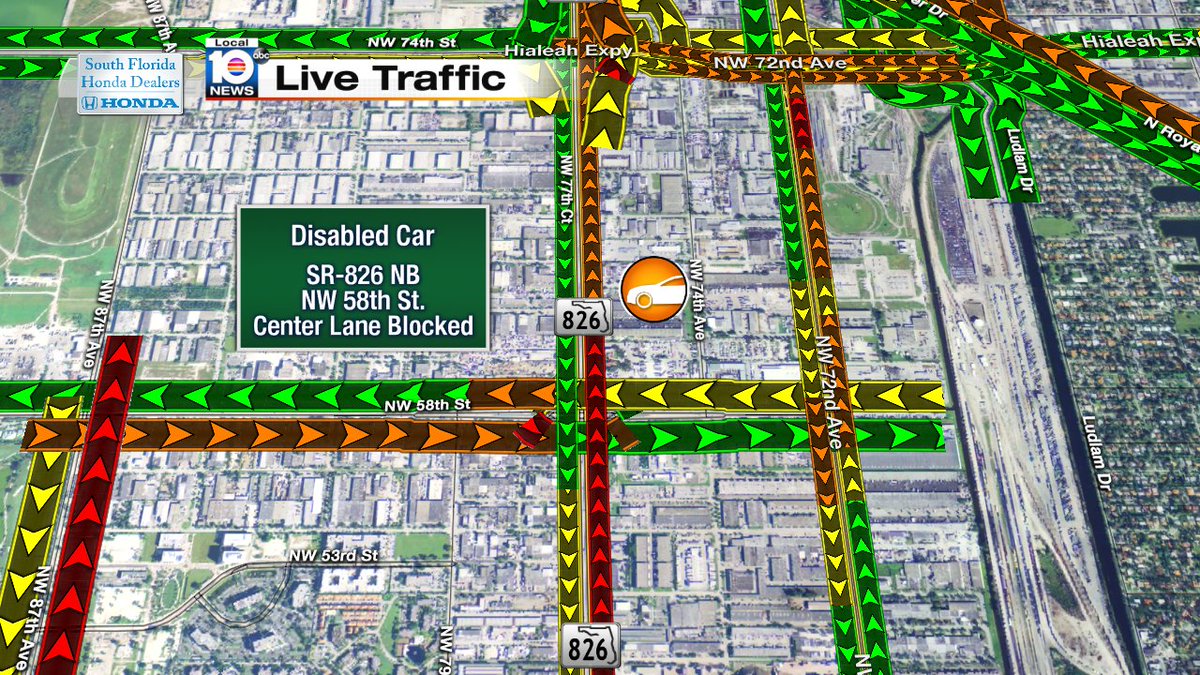 DISABLED CAR: SR-826 NB & NW 58th St.  Center lane blocked.  #TRAFFIC #MIAMI https://t.co/ug7Zvh6BKP