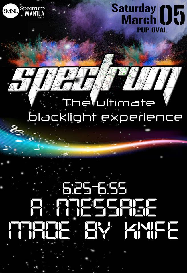 TheSpectrumMNL's tweet photo. Join us as we party all day long with your favorite Bands and DJs! #AMESSAGEMADEBYKNIFE #GetNeonized #SpectrumMNL https://t.co/cZYc4r2UqA