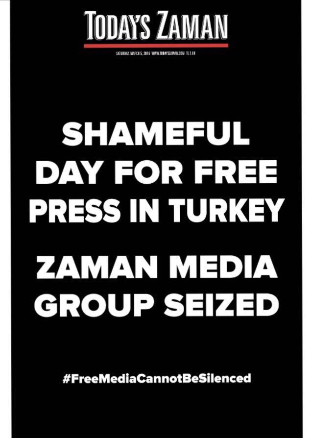 Voorpagina laatste gratis <a href="/todayszamancom/">Today's Zaman</a> voordat het in beslag werd genomen door regime Turkije #ZamanSusturulamaz