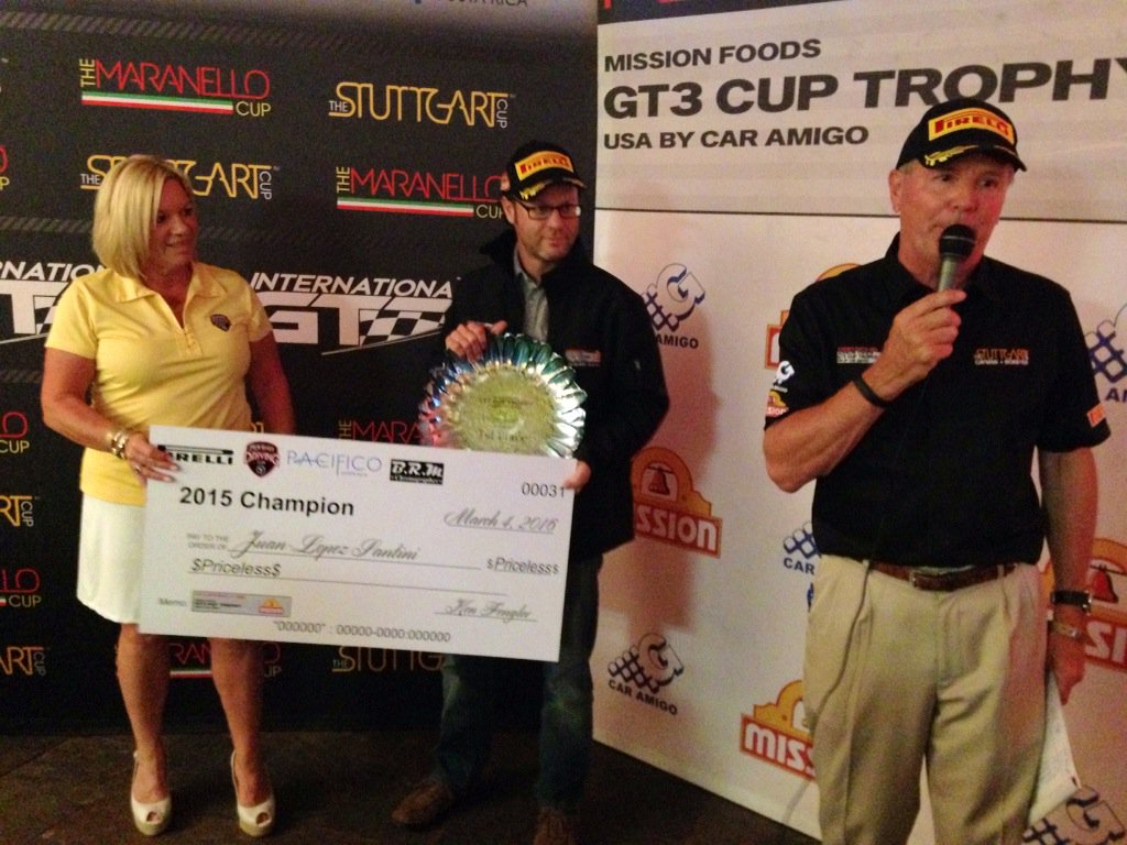 Brady Refenning from 901 Shop accepts <a href="/StuttgartCup/">The Stuttgart Cup™</a> #GT3 2015 Championship Awards for Juan Lopez Santini. #MissUJuan