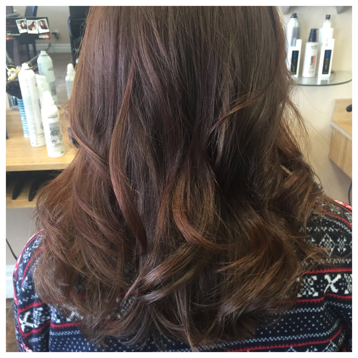 #Hairoftheday longer length bob with lots of texture and layers #Haircolour mahogany and cooper brown + #highlights