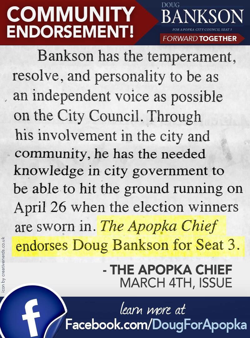 Great endorsement today! Thank you Apopka Chief!!