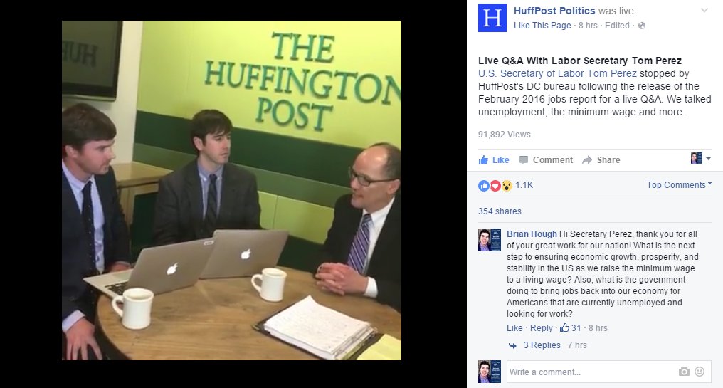 BrianHHough's tweet photo. Thank you @LaborSec for answering my questions on your #JobsChat today about living wages, economic dev't, & jobs. https://t.co/4xpcWnVHrP