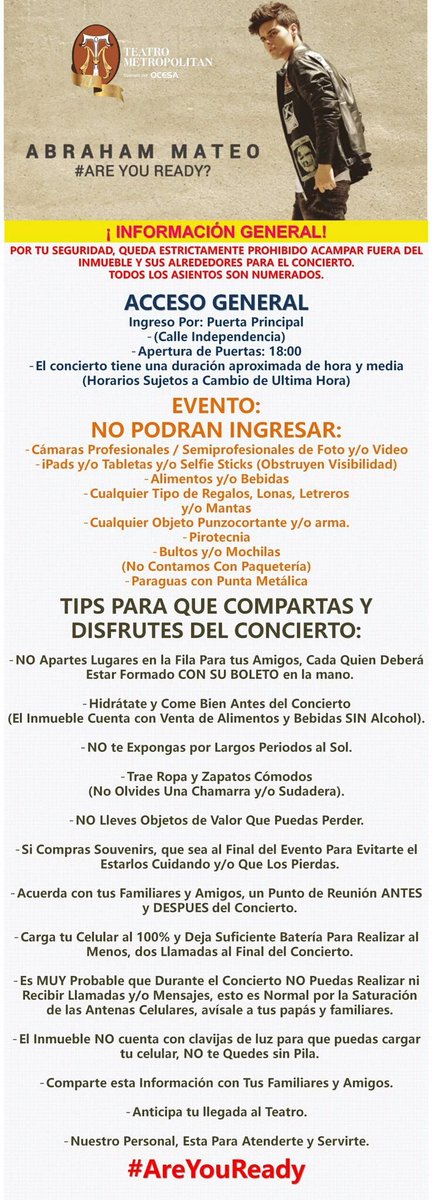 SomosTuAcceso's tweet photo. #Abrahamers revisa las recomendaciones que da el @TMetropolitanMx para el concierto de mañana de @AbrahamMateoMus 👌 https://t.co/900DcKWRH4