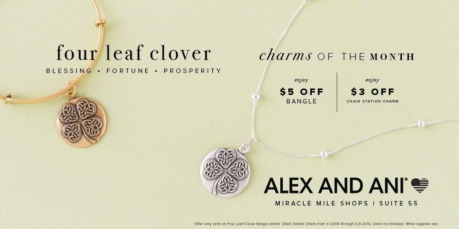 MiracleMileLV's tweet photo. How LUCKY! This month at @AlexAndAni, score $5 off the #BangleOfTheMonth & $3 off the Charm of the Month. https://t.co/4IHkNsM3QZ