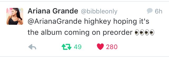 tearagb's tweet image. @buteraxcat Ariana a fav ça donc peut être qu'on aura l'album en précommande dans 6 jours #6DaysTillDangerousWoman 💜