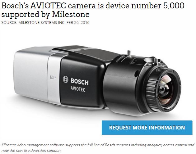 AvissLLC's tweet photo. Bosch's AVIOTEC camera is device number 5,000 supported by Milestone. #Securitysystem #Audio #Bosch #Camera #Aviss https://t.co/DiOBpWZi1o