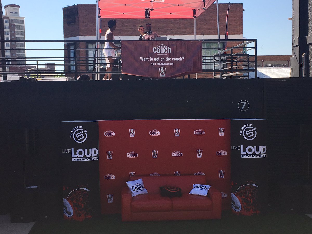 KFCSA's tweet photo. The #ColonelsCouch is live from Maboneng with our friends, @5FM! Are you ready for the Couchstagram contest? https://t.co/zaWVbXxARP