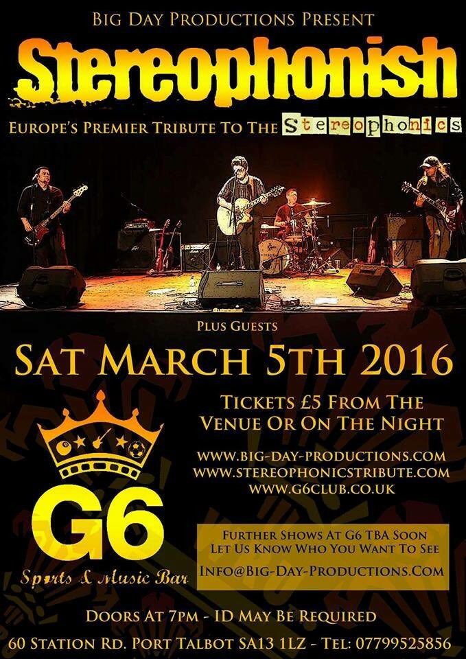 Tonight at G6 in Port Talbot.
#stereophonics #tribute #porttalbot #livemusic #wales