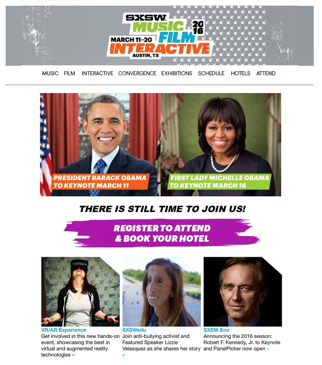 ICYMI: <a href="/SXSW/">SXSW</a> announced speakers <a href="/barackobama/">Barack Obama</a> #sxswinteractive <a href="/MichelleObama/">Michelle Obama</a> #sxswmusic &amp; <a href="/littlelizziev/">Lizzie Velasquez</a> <a href="/sxswedu/">SXSW EDU</a>!