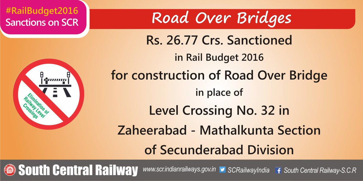 #RailwayBudget2016 Sanction for construction of #RoadOverBridge on SCR @RailMinIndia @drmsecunderabad