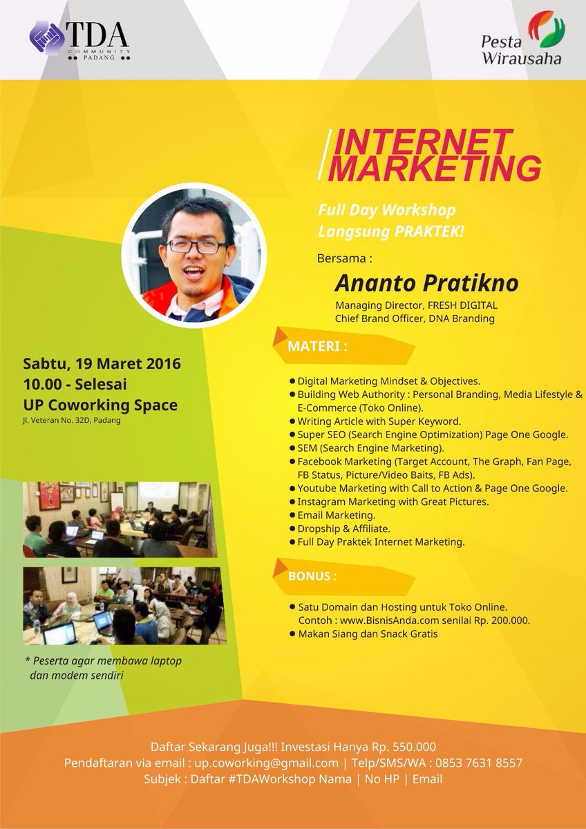 Limited Seat ... ayo buruan daftar .. cc : <a href="/upcoworking/">up coworking</a> <a href="/infoSumbar/">SUMBAR</a> <a href="/TDAPadang/">TDA Padang</a> <a href="/TanganDiAtas/">Komunitas Pengusaha Tangan Di Atas (TDA)</a>