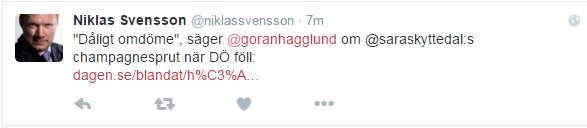 'Dåligt omdöme', säger @goranhagglund om @saraskyttedal:s champagnesprut när DÖ föll
Tweet raderad. Censur i DNS ?