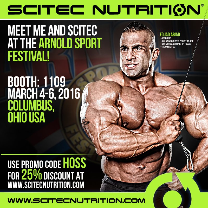 ScitecUSA's tweet photo. Meet @TheFouadAbiad at @ArnoldSports at the @ScitecUSA Booth 1109! #Arnold2016 #arnoldexpo #ArnoldSportsFestival https://t.co/At7bbNY5tv