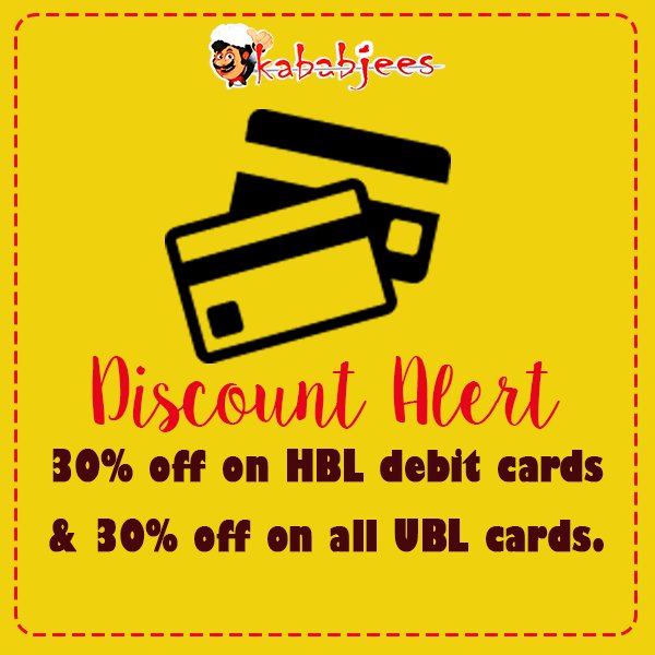 Kababjees_rest's tweet photo. Avail amazing discounts @Kababjees_rest 
HBL discount limit is 10000
UBL discount has no limit https://t.co/IN1vHknWhz