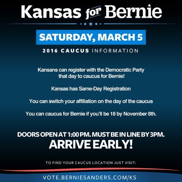 Sanders_4_POTUS's tweet photo. CAUCUS TODAY!!! DOORS OPEN AT 1:00 PM #LabetteCC #PrattCC #SCCC #DodgeCityCC #BC3 #HighlandCC #EmporiaState https://t.co/4GTswmCVCF