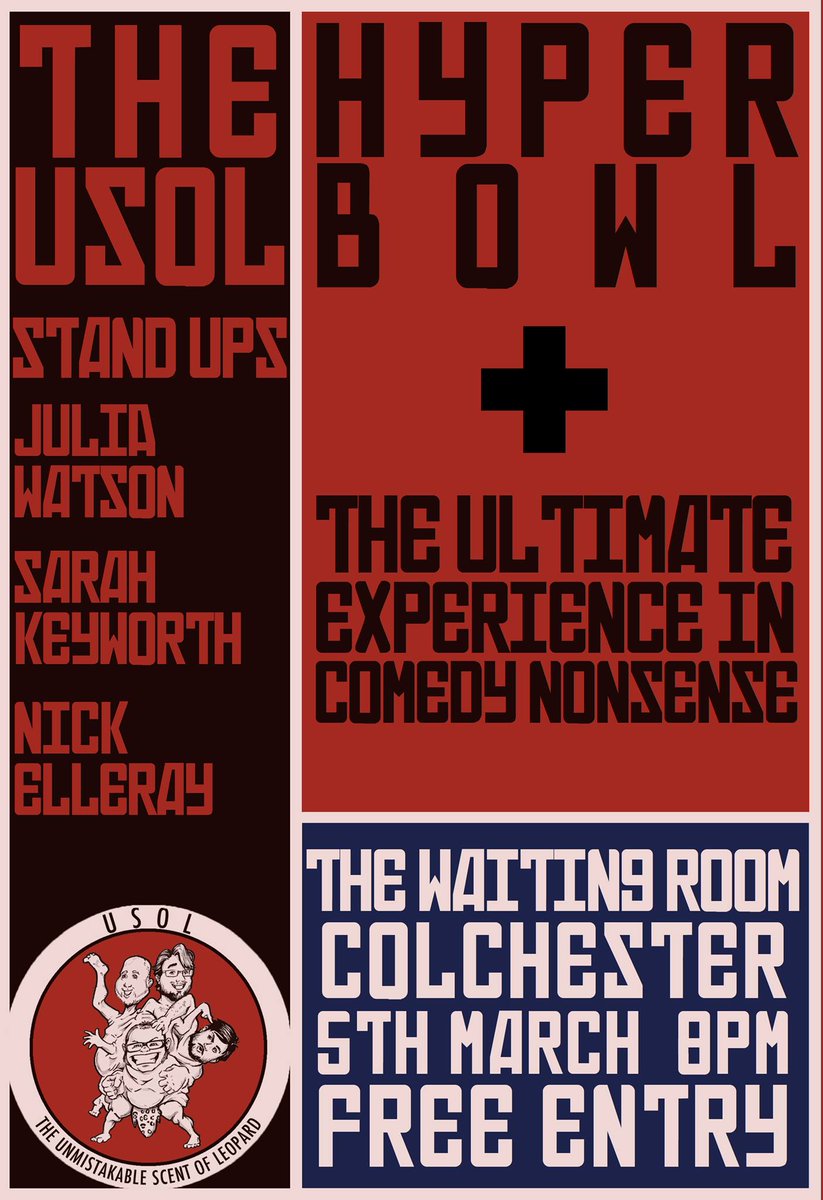 usolcomedy's tweet photo. @stbotolphs_ 8pm, w/ @JuliaDoesComedy @garriegrubb @nickelleray plus Hyper-Bowl @coolcolchester @ColchChronic https://t.co/mYnLBgvhJo