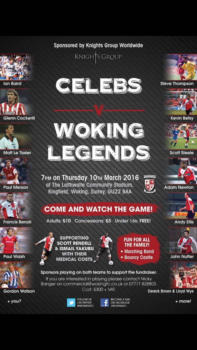 nickybanger's tweet photo. Woking legends v Celebs! Join us @wokingfc @paul_walsh9 @mattletiss7@PaulMerse @Flash_37 Steve Thompson @kevinbetsy https://t.co/l96DV2c3E1