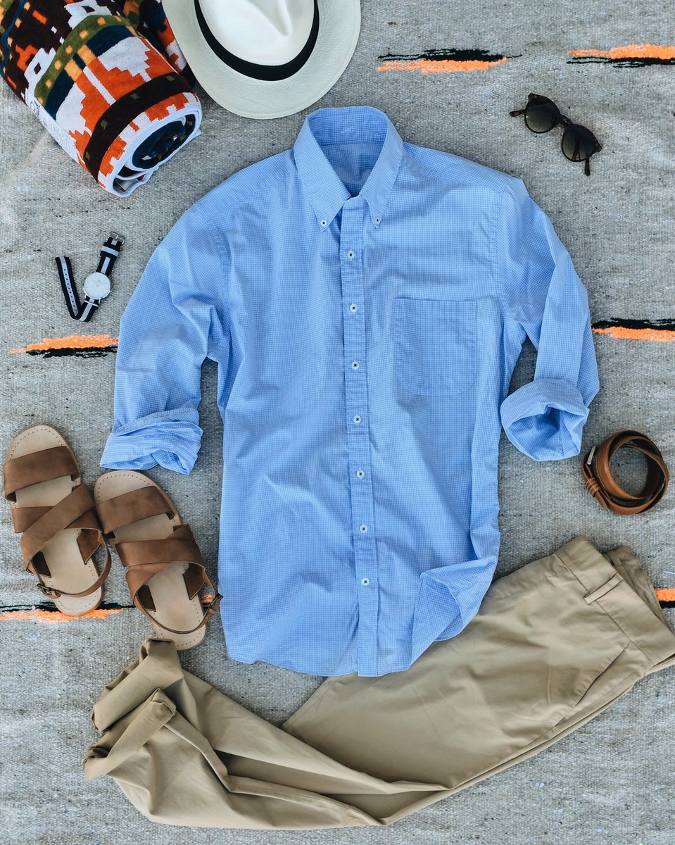 JHilburn's tweet photo. Saturday Staples. Light Blue Mini Gingham Soft Wash Shirt + Khaki Chinos. Accessorize accordingly. #TailoredEase https://t.co/0PPkHjg4sn
