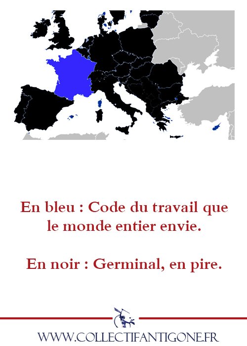 En bleu : Code du travail que le monde entier envie. En noir : Germinal, en pire. #OnVautMieuxQueCa