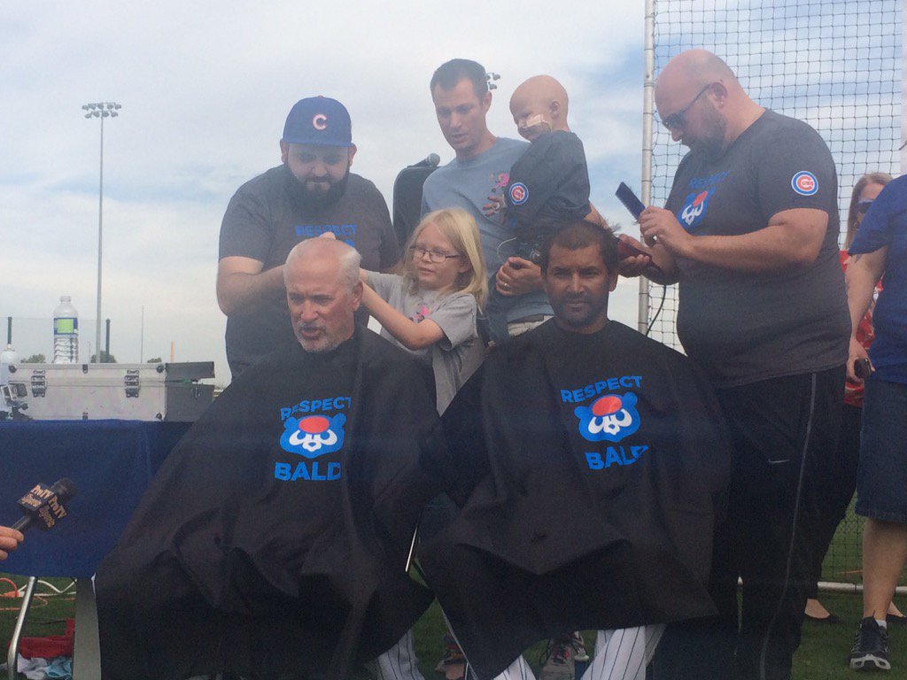 Cubs's tweet photo. The first cuts have been made at the second annual Respect Bald event! ✂️ #LetsGive https://t.co/RcvApPUuf8