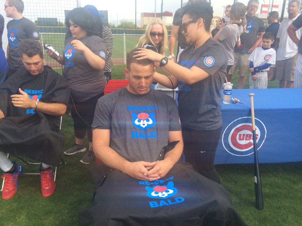 Cubs's tweet photo. The first cuts have been made at the second annual Respect Bald event! ✂️ #LetsGive https://t.co/RcvApPUuf8