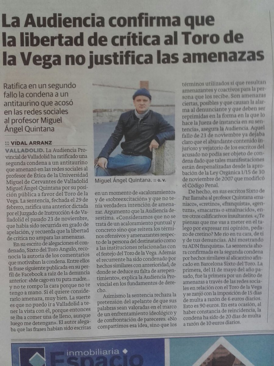 vivatorodevega's tweet photo. Nueva condena  a un animalista por amenazas al Prof. de Etica M.A.Quintana en las redes sociales ¡este es el camino! https://t.co/JmCfzjlQhZ