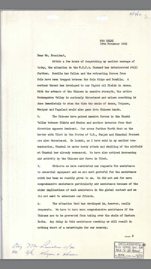 Nehru 2nd Letter of 19th Nov 1962 evening, still kept Secret by Indian Govt where he raised SOS to President JFK