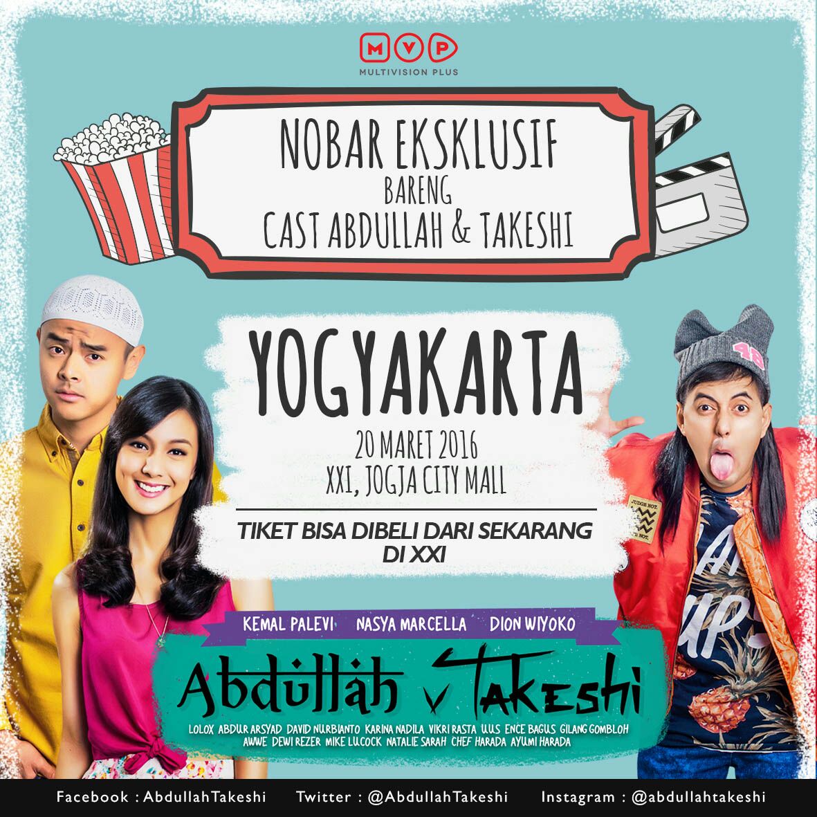 Masih di Jogja? Jam 15.00 yuk ketemu lagi kali ini bareng <a href="/kemalpalevi/">Ahmad Kemal Palevi</a> <a href="/NasyaMarcella/">Nadya</a> <a href="/AbdullahTakeshi/">#FilmAbdullahTakeshi</a>