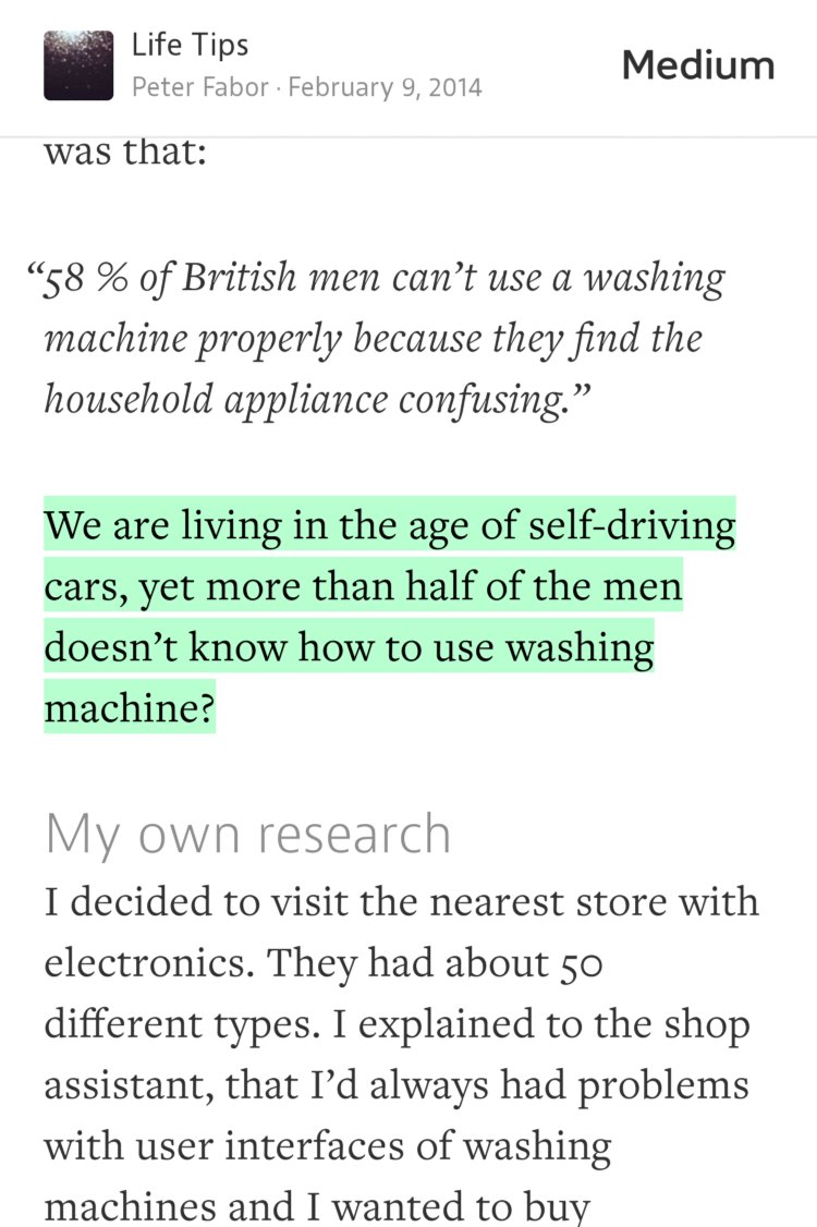 “We are living in the age of self-driving cars, yet more than half of the men doesn’t know how to use washing machine?” from “Washing Machine for Men” by Peter Fabor.