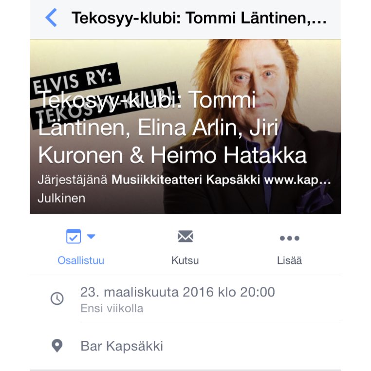 elinaarlin's tweet photo. Ens keskiviikkona #tekosyyklubi #elvisry #kapsäkki klo 20->. Mukana #olaviuusivirta #tommiläntinen #elinaarlin :) https://t.co/CRXon1R5Fc