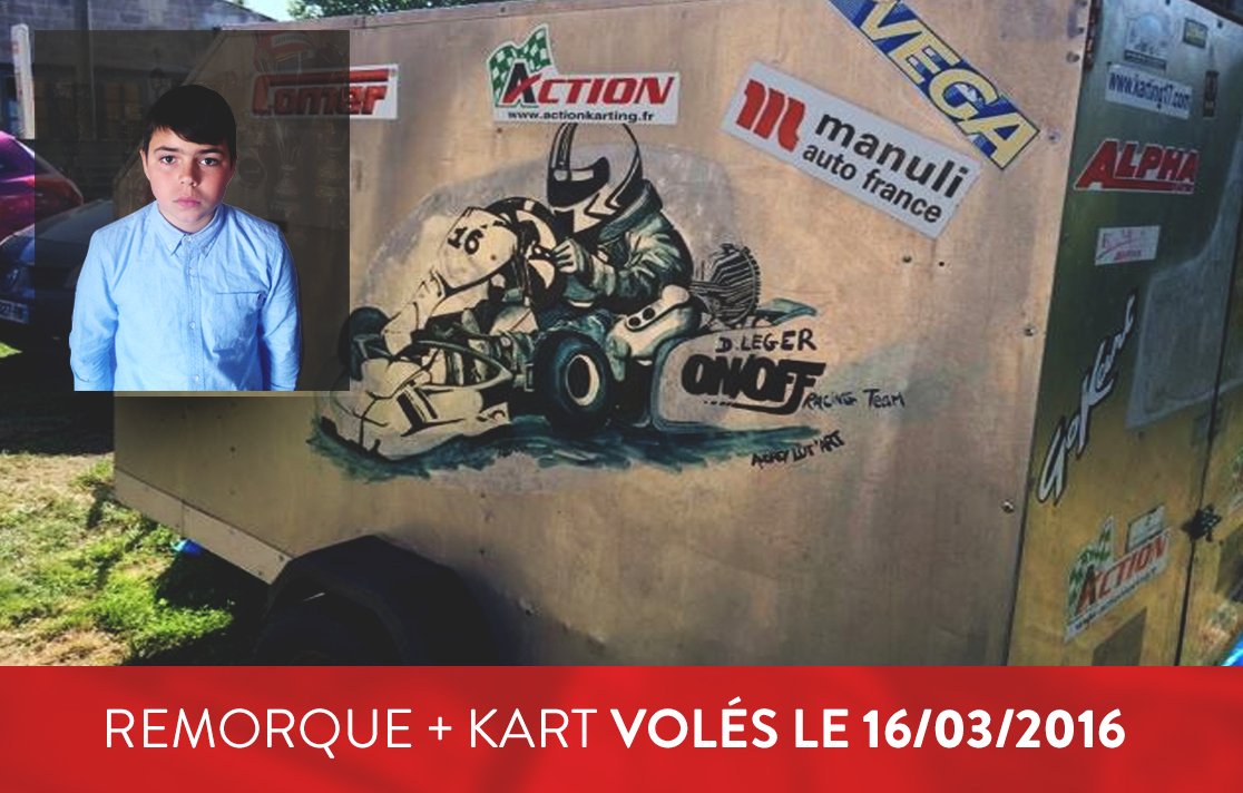 LegerRacing's tweet photo. Bonjour @sudouest ! Pouvez-vous m'aider à relayer le vol de mon karting SVP ma saison en dépend .. #Vol #Karting https://t.co/j7qRYYn4X8