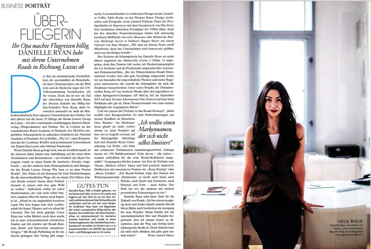roadsgroup's tweet photo. ROADS CEO Danielle Ryan (@tearneck) discusses Fragrance and @roadspublishing in  April's @VOGUE_Germany Business. https://t.co/M2EafpGkFw