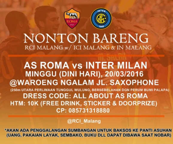 #NobarRCI30
📆minggu dini hari, 20/03/16
⚽ kick off: 02.45 wib
💰Htm: 10K
<a href="/ngalam_cafe/">waroeng ngalam</a> 
Ayo Ramaikan 
<a href="/infomalang/">Info Malang</a>