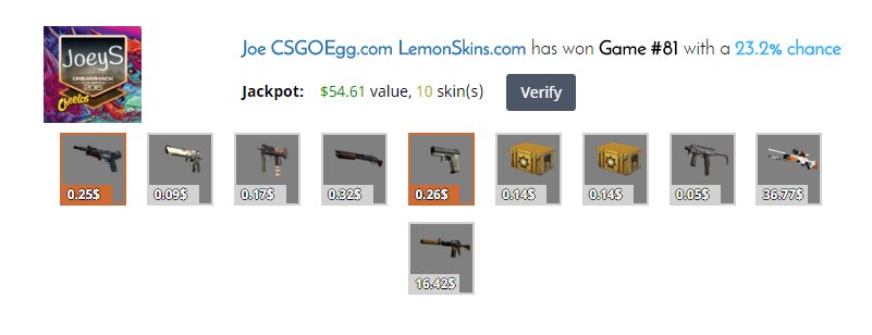 Lemonskinscom's tweet photo. Congratulations to our winner of the highest pot! #lemonskins #csgo https://t.co/5aoM9i9V36
