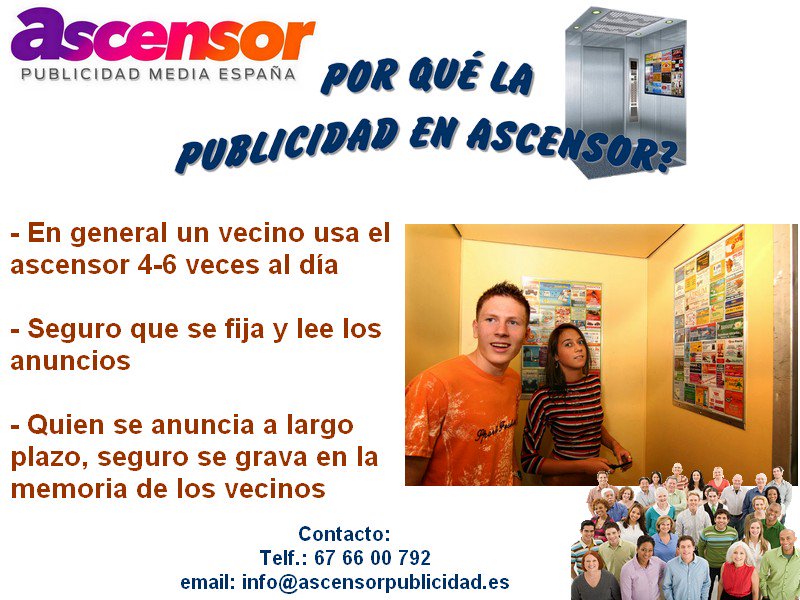 ascensorpubli's tweet image. ¿Porqué la #PublicidadEnAscensor?
- Se usa el ascensor 4-6 veces al día; Seguro que se fija y lee los anuncios...