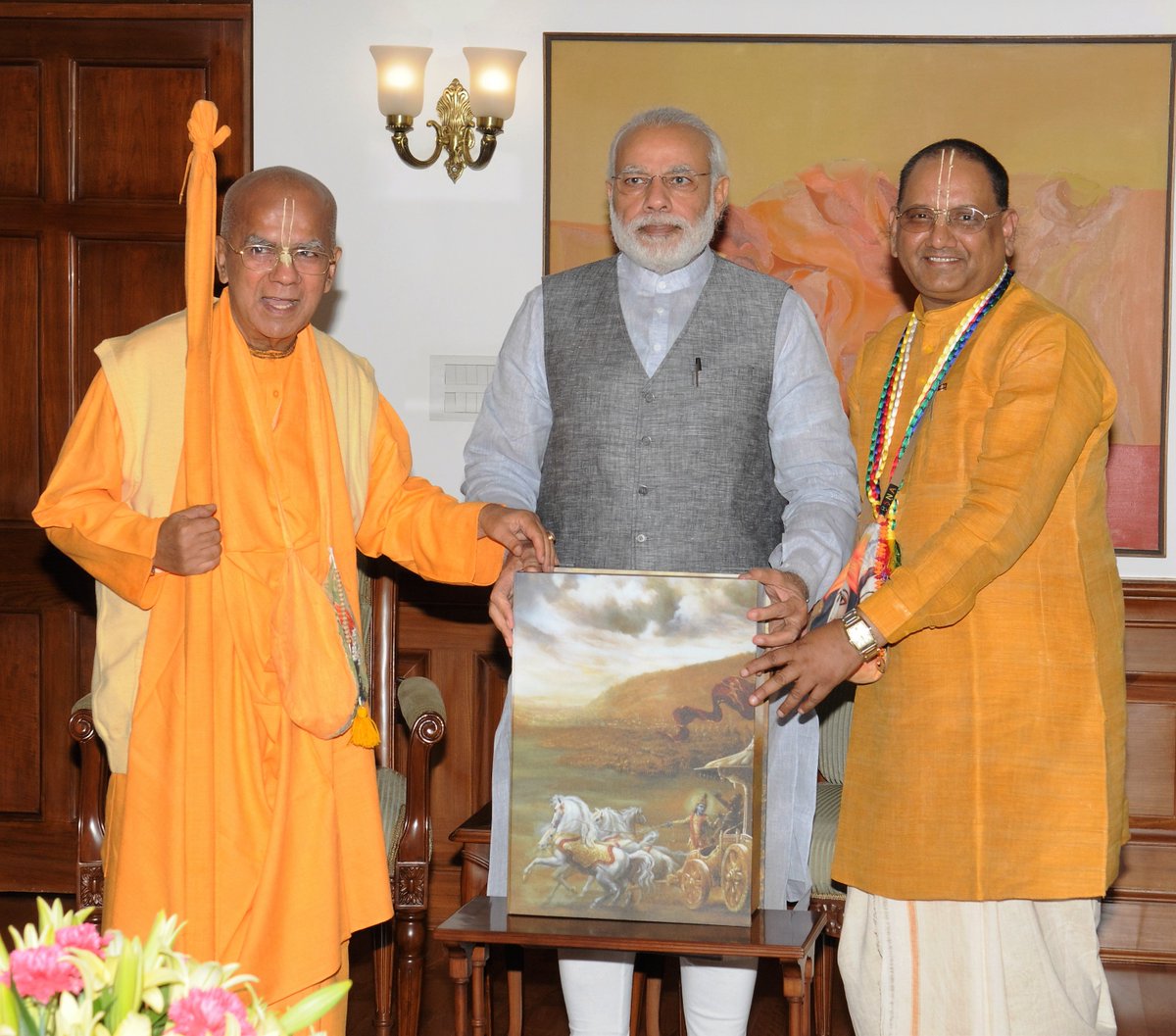 narendramodi's tweet photo. Touched to receive a copy of the Gita from Shri Gopal Krishna Goswami Maharaja, Head, ISKCON. https://t.co/QmK88HuB5z