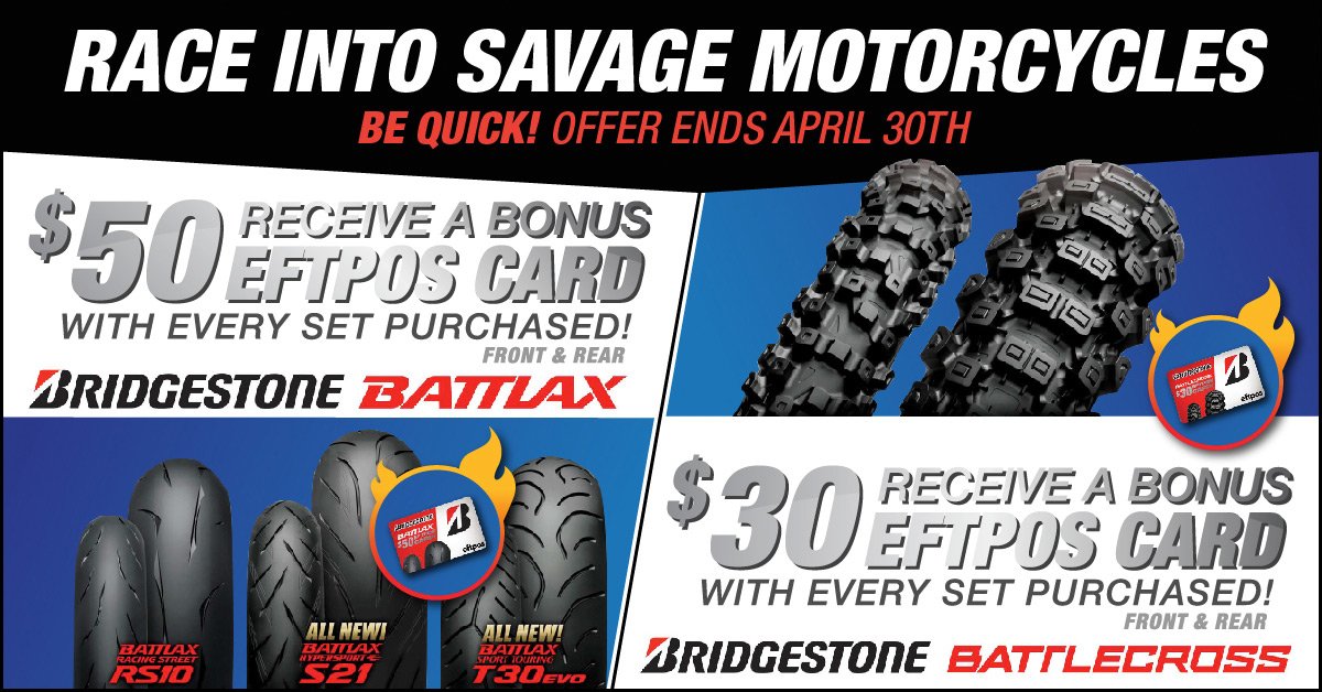 SavageMotorcycl's tweet photo. Bonus EFTPOS card with every #Bridgestone #Battlax #motorcycle #tyre set purchased! https://t.co/2EwWEbZnZ9