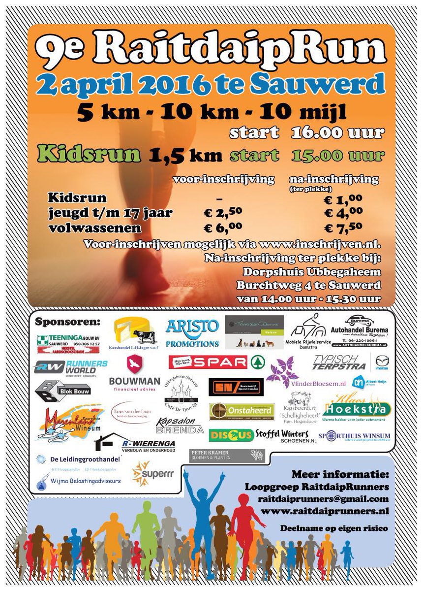 Raitdaiprunners's tweet photo. Wat doe jij 2 april? #raitdaiprun #Sauwerd @loopmaatjes https://t.co/NzThCvKpWD