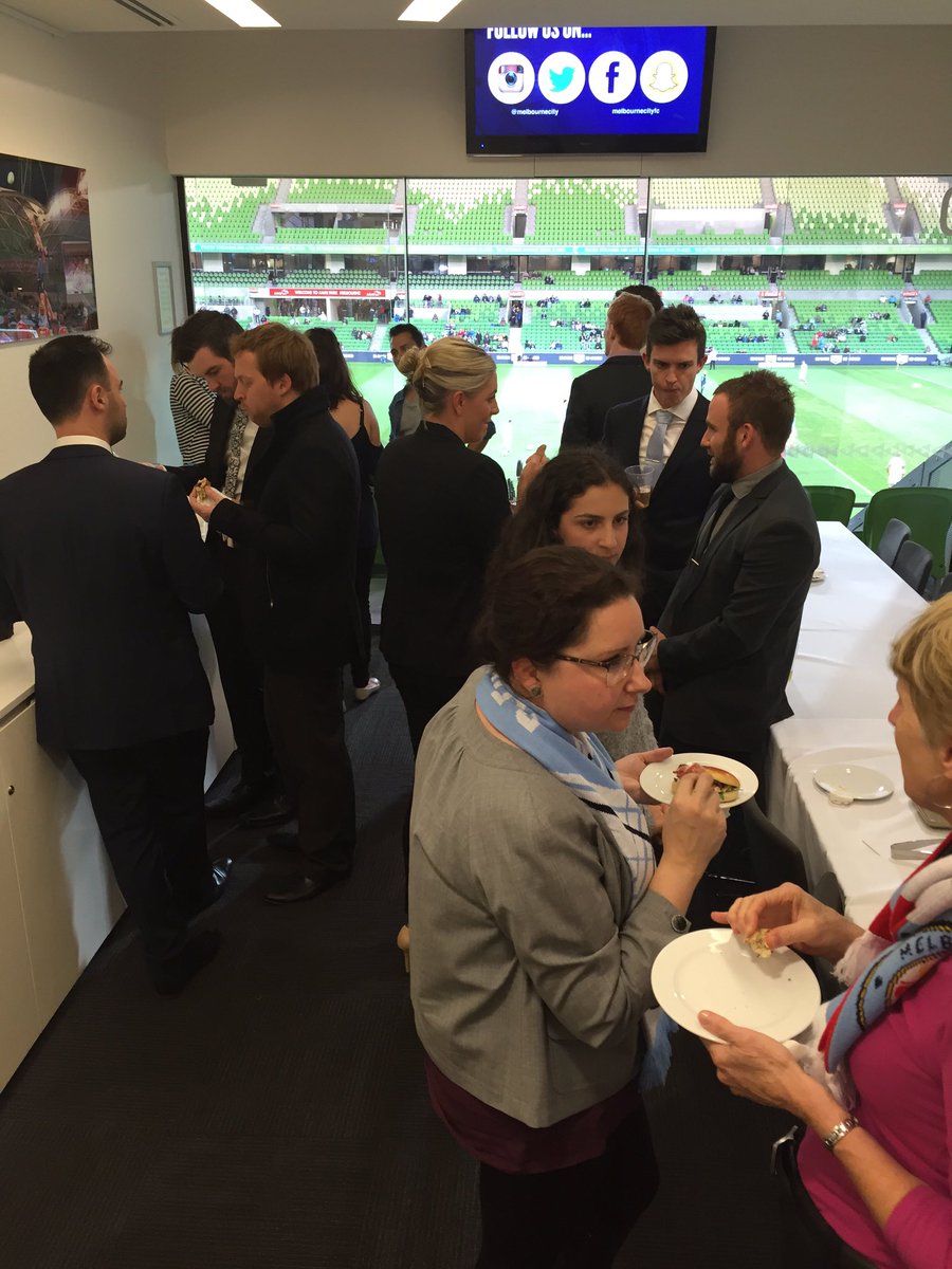 LaTrobeSport's tweet photo. Great to be hosting @LaTrobeUniFC @latrobe soccer club in the @LaTrobeSport box @MelbourneCity #packedhouse https://t.co/rtVR0c5oHy
