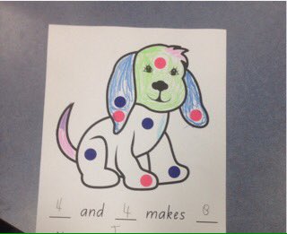 Addition using different coloured dot stickers to make a Dalmatian. Ss loved it! #funmaths