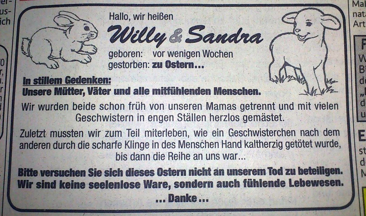 Peta Deutschland Eine Doch Aussergewohnliche Anzeige Aus Der Pforzheimer Zeitung Danke Im Namen Aller Tiere Ostern Stefan Eck Mep T Co Nuty7tihoe